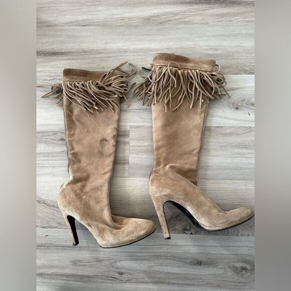 Helmut Lang long suede fringe heeled boots 7.5 - Picture 2 of 14